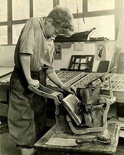 Fieldston School Hine photo of student with press